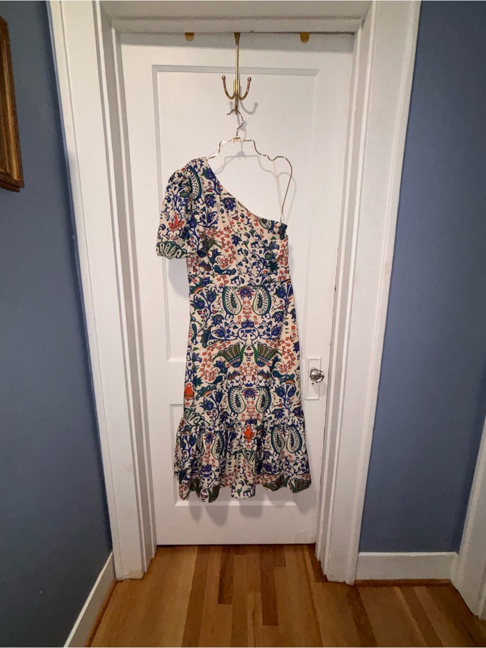 Vici One-Shoulder Paisley Midi Dress in Cream, Blue, Green and Orange - Picture 7 of 7